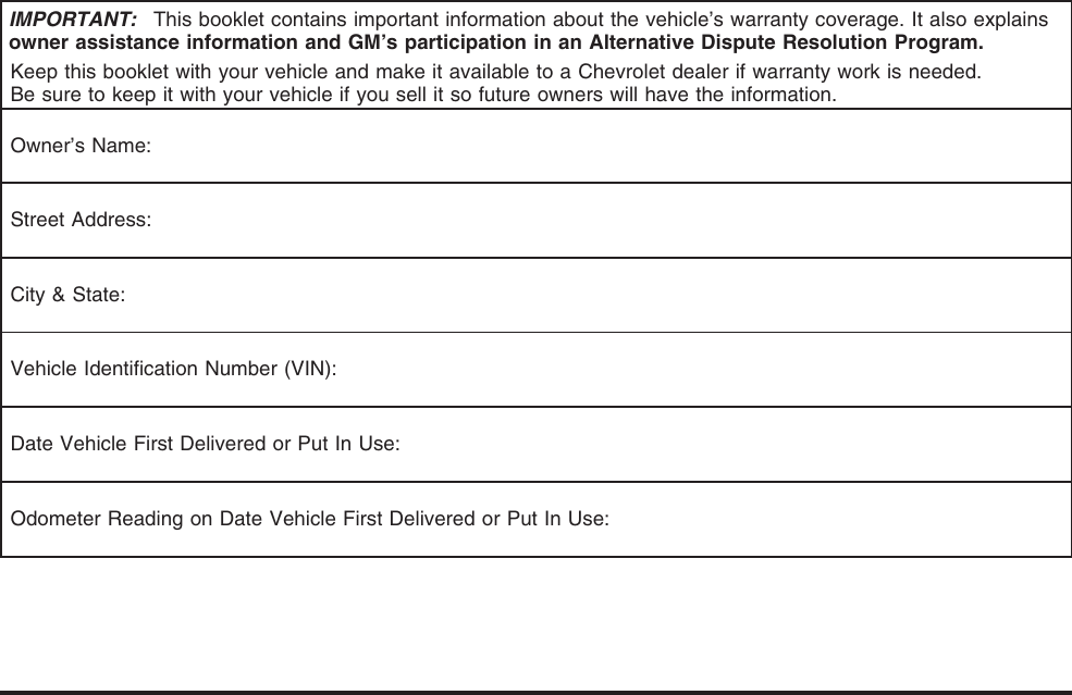 Chevrolet 2008 Express Passenger Warranty Guide