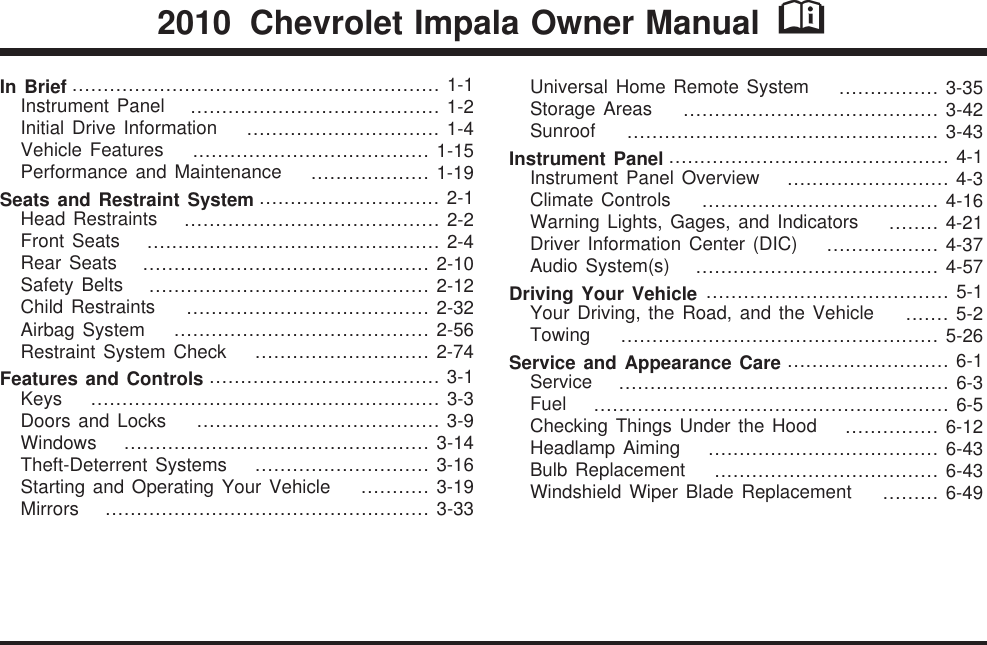 Chevrolet 2010 Impala Owners Manual Owner S