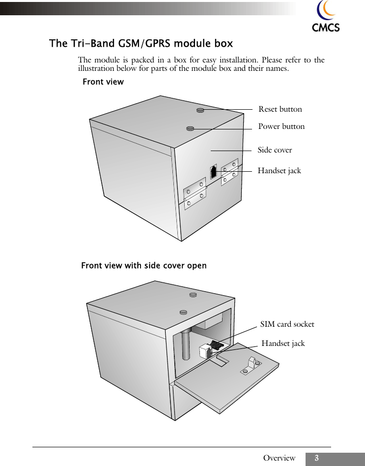 Overview 3The Tri-Band GSM/GPRS module boxThe module is packed in a box for easy installation. Please refer to theillustration below for parts of the module box and their names.Reset buttonPower buttonHandset jackSide coverFront view with side cover openHandset jackSIM card socketFront view