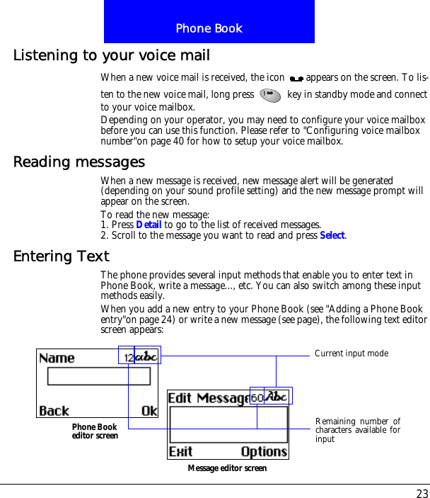 23Phone BookListening to your voice mailWhen a new voice mail is received, the icon  appears on the screen. To lis-ten to the new voice mail, long press   key in standby mode and connect to your voice mailbox.Depending on your operator, you may need to configure your voice mailbox before you can use this function. Please refer to "Configuring voice mailbox number"on page 40 for how to setup your voice mailbox.Reading messagesWhen a new message is received, new message alert will be generated (depending on your sound profile setting) and the new message prompt will appear on the screen.To read the new message:1. Press Detail to go to the list of received messages.2. Scroll to the message you want to read and press Select.Entering TextThe phone provides several input methods that enable you to enter text in Phone Book, write a message..., etc. You can also switch among these input methods easily.When you add a new entry to your Phone Book (see "Adding a Phone Book entry"on page 24) or write a new message (see page), the following text editor screen appears:Phone Book editor screenMessage editor screenRemaining number ofcharacters available forinputCurrent input mode