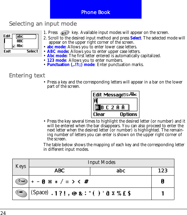 Phone Book24Selecting an input mode1. Press   key. Available input modes will appear on the screen.2. Scroll to the desired input method and press Select. The selected mode will appear on the upper right corner of the screen.&bull; abc mode: Allows you to enter lower case letters.&bull; ABC mode: Allows you to enter upper case letters.&bull; Abc mode: The first letter entered is automatically capitalized.&bull; 123 mode: Allows you to enter numbers.&bull; Punctuation (,.!?:;) mode: Enter punctuation marks.Entering text&bull; Press a key and the corresponding letters will appear in a bar on the lower part of the screen.&bull; Press the key several times to highlight the desired letter (or number) and it will be entered when the bar disappears. You can also proceed to enter the next letter when the desired letter (or number) is highlighted. The remain-ing number of letters you can enter is shown on the upper right corner of the screen.The table below shows the mapping of each key and the corresponding letter in different input modes.Keys Input ModesABC abc 123(Space)