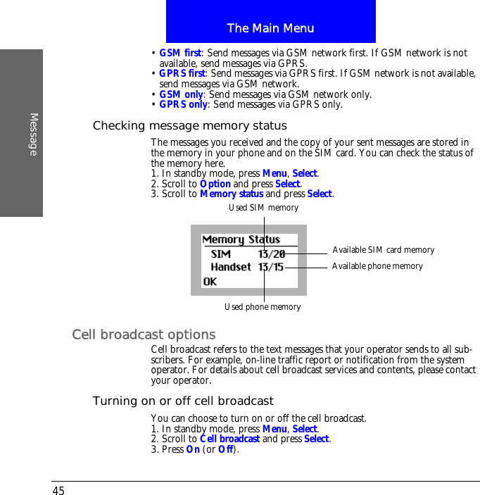 The Main MenuMessage45&bull; GSM first: Send messages via GSM network first. If GSM network is not available, send messages via GPRS.&bull; GPRS first: Send messages via GPRS first. If GSM network is not available, send messages via GSM network.&bull; GSM only: Send messages via GSM network only.&bull; GPRS only: Send messages via GPRS only.Checking message memory statusThe messages you received and the copy of your sent messages are stored in the memory in your phone and on the SIM card. You can check the status of the memory here.1. In standby mode, press Menu, Select.2. Scroll to Option and press Select.3. Scroll to Memory status and press Select.Cell broadcast optionsCell broadcast refers to the text messages that your operator sends to all sub-scribers. For example, on-line traffic report or notification from the system operator. For details about cell broadcast services and contents, please contact your operator. Turning on or off cell broadcastYou can choose to turn on or off the cell broadcast.1. In standby mode, press Menu, Select.2. Scroll to Cell broadcast and press Select.3. Press On (or Off).Used SIM memoryUsed phone memoryAvailable SIM card memoryAvailable phone memory