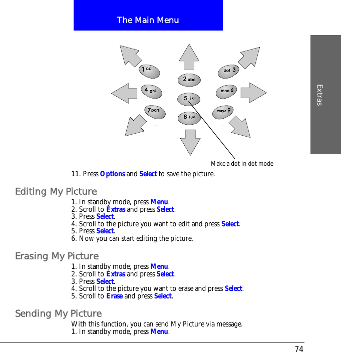 The Main MenuExtras7411. Press Options and Select to save the picture.Editing My Picture1. In standby mode, press Menu.2. Scroll to Extras and press Select.3. Press Select.4. Scroll to the picture you want to edit and press Select.5. Press Select.6. Now you can start editing the picture.Erasing My Picture1. In standby mode, press Menu.2. Scroll to Extras and press Select.3. Press Select.4. Scroll to the picture you want to erase and press Select.5. Scroll to Erase and press Select.Sending My PictureWith this function, you can send My Picture via message.1. In standby mode, press Menu.Make a dot in dot mode