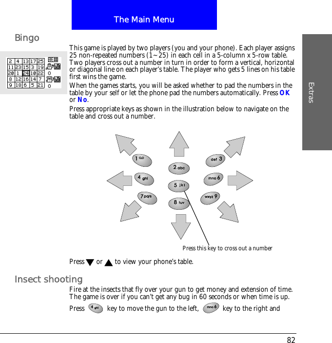 The Main MenuExtras82Bingo This game is played by two players (you and your phone). Each player assigns 25 non-repeated numbers (1~25) in each cell in a 5-column x 5-row table. Two players cross out a number in turn in order to form a vertical, horizontal or diagonal line on each player&rsquo;s table. The player who gets 5 lines on his table first wins the game.When the games starts, you will be asked whether to pad the numbers in the table by your self or let the phone pad the numbers automatically. Press OK or No.Press appropriate keys as shown in the illustration below to navigate on the table and cross out a number.Press  or  to view your phone&rsquo;s table. Insect shootingFire at the insects that fly over your gun to get money and extension of time. The game is over if you can&rsquo;t get any bug in 60 seconds or when time is up. Press   key to move the gun to the left,   key to the right and Press this key to cross out a number