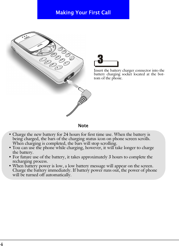 4Making Your First Call&bull; Charge the new battery for 24 hours for first time use. When the battery is being charged, the bars of the charging status icon on phone screen scrolls. When charging is completed, the bars will stop scrolling. &bull; You can use the phone while charging, however, it will take longer to charge the battery.&bull; For future use of the battery, it takes approximately 3 hours to complete the recharging process.&bull; When battery power is low, a low battery message will appear on the screen. Charge the battery immediately. If battery power runs out, the power of phone will be turned off automatically.NoteInsert the battery charger connector into thebattery charging socket located at the bot-tom of the phone.