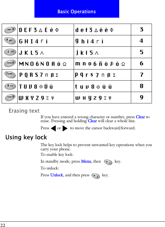 22Basic OperationsErasing textIf you have entered a wrong character or number, press Clear to erase. Pressing and holding Clear will clear a whole line.Press or  to move the cursor backward/forward.Using key lockThe key lock helps to prevent unwanted key operations when you carry your phone. To enable key lock:In standby mode, press Menu, then   key.To unlock:Press Unlock, and then press  key.