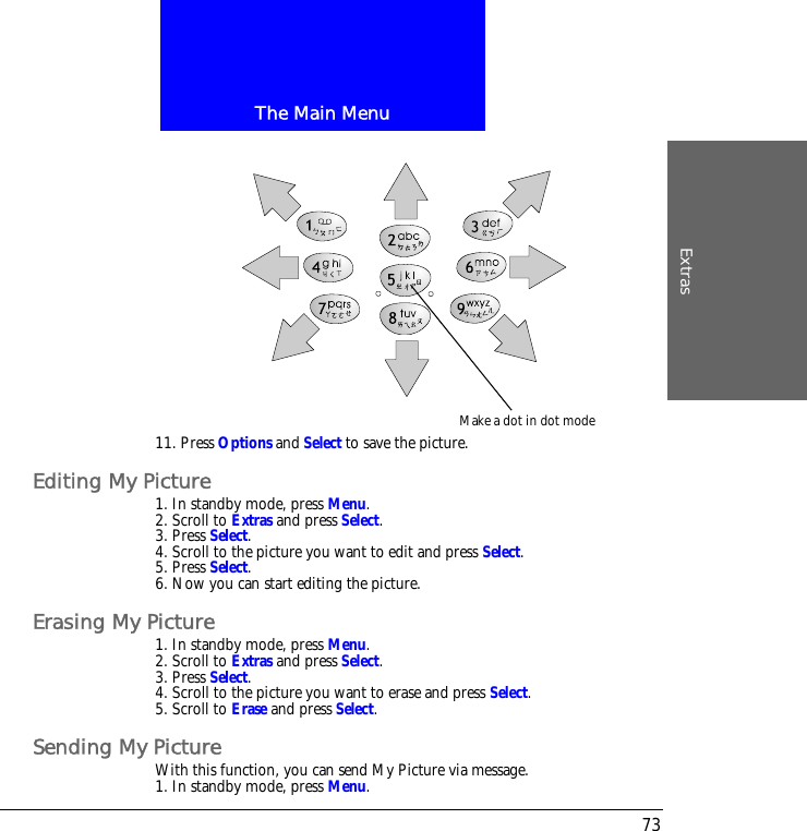 The Main MenuExtras7311. Press Options and Select to save the picture.Editing My Picture1. In standby mode, press Menu.2. Scroll to Extras and press Select.3. Press Select.4. Scroll to the picture you want to edit and press Select.5. Press Select.6. Now you can start editing the picture.Erasing My Picture1. In standby mode, press Menu.2. Scroll to Extras and press Select.3. Press Select.4. Scroll to the picture you want to erase and press Select.5. Scroll to Erase and press Select.Sending My PictureWith this function, you can send My Picture via message.1. In standby mode, press Menu.Make a dot in dot mode