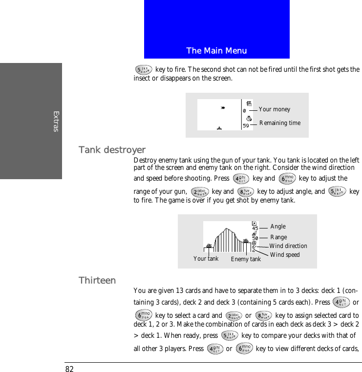 The Main MenuExtras82 key to fire. The second shot can not be fired until the first shot gets the insect or disappears on the screen.Tank destroyerDestroy enemy tank using the gun of your tank. You tank is located on the left part of the screen and enemy tank on the right. Consider the wind direction and speed before shooting. Press   key and   key to adjust the range of your gun,   key and   key to adjust angle, and   key to fire. The game is over if you get shot by enemy tank.Thirteen You are given 13 cards and have to separate them in to 3 decks: deck 1 (con-taining 3 cards), deck 2 and deck 3 (containing 5 cards each). Press   or  key to select a card and   or   key to assign selected card to deck 1, 2 or 3. Make the combination of cards in each deck as deck 3 > deck 2 > deck 1. When ready, press   key to compare your decks with that of all other 3 players. Press   or   key to view different decks of cards, Remaining timeYour moneyWind speedAngleYour tank Enemy tankRangeWind direction