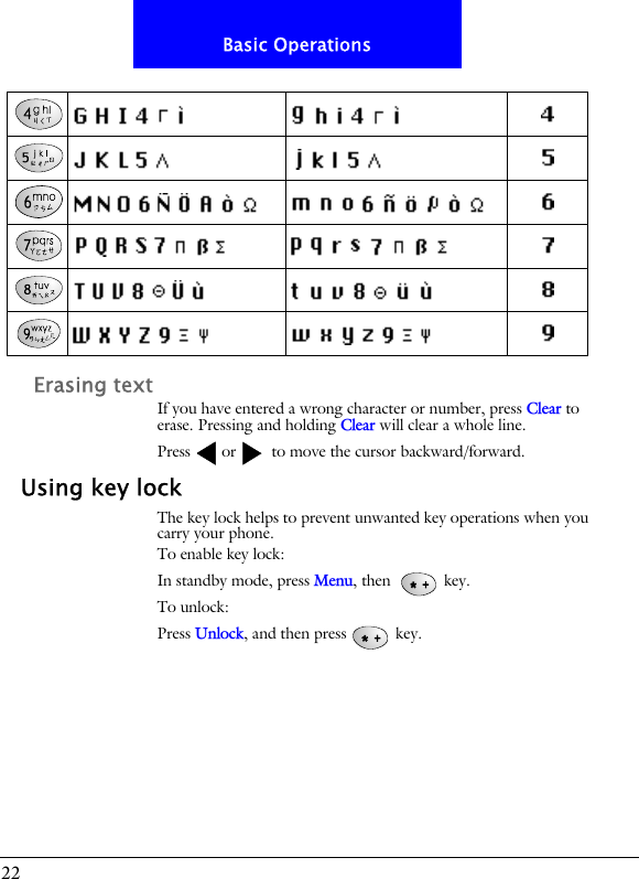 22Basic OperationsErasing textIf you have entered a wrong character or number, press Clear to erase. Pressing and holding Clear will clear a whole line.Press or  to move the cursor backward/forward.Using key lockThe key lock helps to prevent unwanted key operations when you carry your phone. To enable key lock:In standby mode, press Menu, then   key.To unlock:Press Unlock, and then press  key.