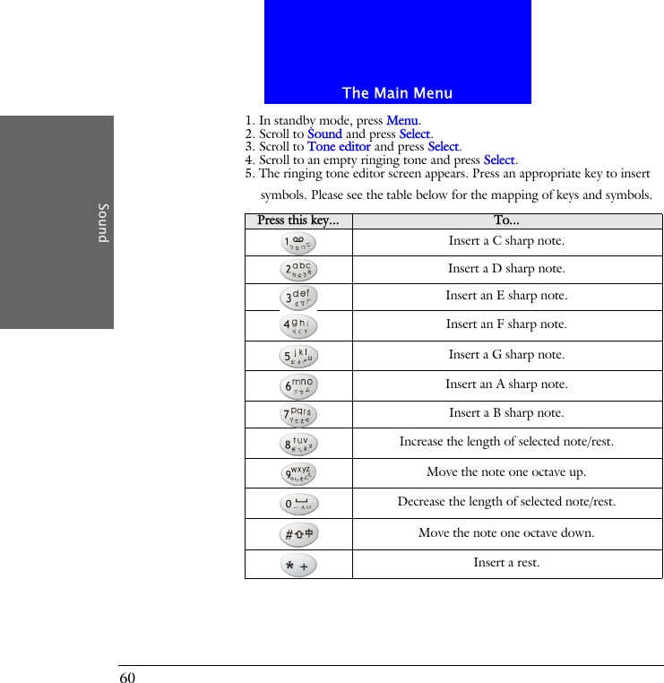 The Main MenuSound601. In standby mode, press Menu.2. Scroll to Sound and press Select.3. Scroll to Tone editor and press Select.4. Scroll to an empty ringing tone and press Select.5. The ringing tone editor screen appears. Press an appropriate key to insert symbols. Please see the table below for the mapping of keys and symbols.Press this key... To...Insert a C sharp note.Insert a D sharp note.Insert an E sharp note.Insert an F sharp note.Insert a G sharp note.Insert an A sharp note.Insert a B sharp note.Increase the length of selected note/rest.Move the note one octave up.Decrease the length of selected note/rest.Move the note one octave down.Insert a rest.