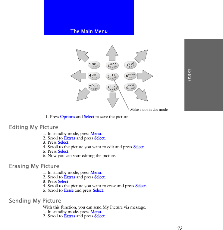 The Main MenuExtras7311. Press Options and Select to save the picture.Editing My Picture1. In standby mode, press Menu.2. Scroll to Extras and press Select.3. Press Select.4. Scroll to the picture you want to edit and press Select.5. Press Select.6. Now you can start editing the picture.Erasing My Picture1. In standby mode, press Menu.2. Scroll to Extras and press Select.3. Press Select.4. Scroll to the picture you want to erase and press Select.5. Scroll to Erase and press Select.Sending My PictureWith this function, you can send My Picture via message.1. In standby mode, press Menu.2. Scroll to Extras and press Select.Make a dot in dot mode