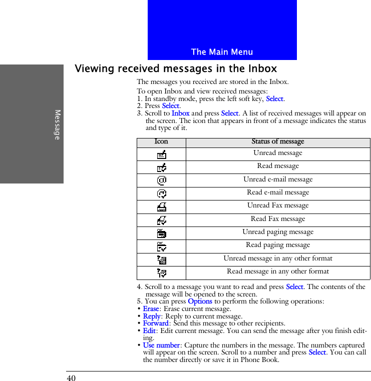 The Main MenuMessage40Viewing received messages in the InboxThe messages you received are stored in the Inbox.To open Inbox and view received messages:1. In standby mode, press the left soft key, Select.2. Press Select. 3. Scroll to Inbox and press Select. A list of received messages will appear on the screen. The icon that appears in front of a message indicates the status and type of it.4. Scroll to a message you want to read and press Select. The contents of the message will be opened to the screen. 5. You can press Options to perform the following operations:&bull; Erase: Erase current message.&bull; Reply: Reply to current message.&bull; Forward: Send this message to other recipients.&bull; Edit: Edit current message. You can send the message after you finish edit-ing.&bull; Use number: Capture the numbers in the message. The numbers captured will appear on the screen. Scroll to a number and press Select. You can call the number directly or save it in Phone Book.Icon Status of messageUnread messageRead messageUnread e-mail messageRead e-mail messageUnread Fax messageRead Fax messageUnread paging messageRead paging messageUnread message in any other formatRead message in any other format