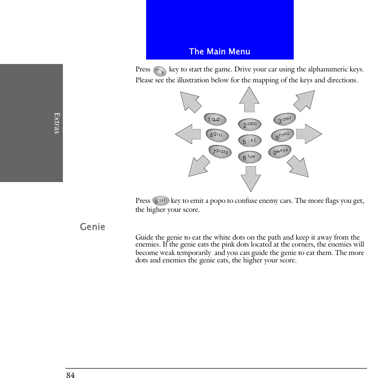 The Main MenuExtras84Press   key to start the game. Drive your car using the alphanumeric keys. Please see the illustration below for the mapping of the keys and directions.Press key to emit a popo to confuse enemy cars. The more flags you get, the higher your score.GenieGuide the genie to eat the white dots on the path and keep it away from the enemies. If the genie eats the pink dots located at the corners, the enemies will become weak temporarily and you can guide the genie to eat them. The more dots and enemies the genie eats, the higher your score.
