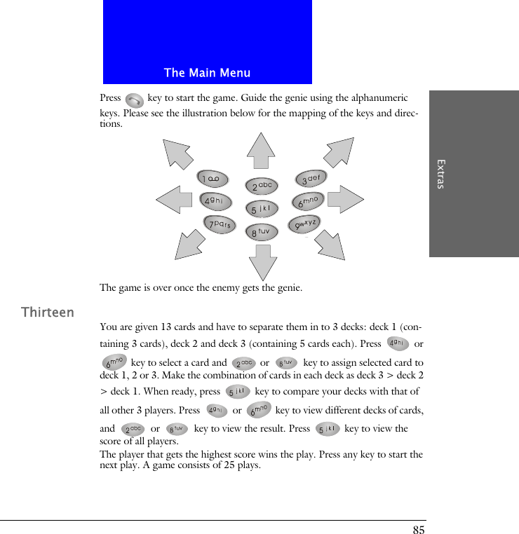 The Main MenuExtras85Press   key to start the game. Guide the genie using the alphanumeric keys. Please see the illustration below for the mapping of the keys and direc-tions.The game is over once the enemy gets the genie.ThirteenYou are given 13 cards and have to separate them in to 3 decks: deck 1 (con-taining 3 cards), deck 2 and deck 3 (containing 5 cards each). Press   or  key to select a card and   or   key to assign selected card to deck 1, 2 or 3. Make the combination of cards in each deck as deck 3 > deck 2 > deck 1. When ready, press   key to compare your decks with that of all other 3 players. Press   or   key to view different decks of cards, and   or   key to view the result. Press   key to view the score of all players.The player that gets the highest score wins the play. Press any key to start the next play. A game consists of 25 plays.