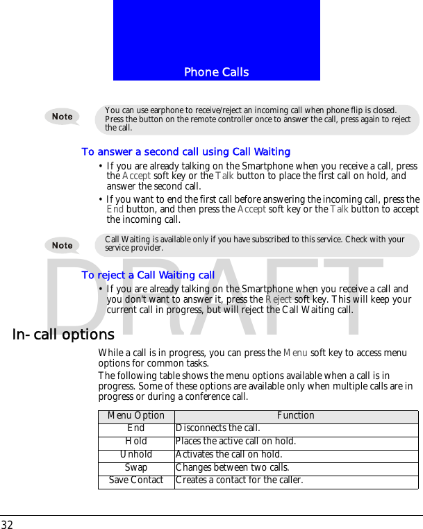 Phone Calls32DRAFTTo answer a second call using Call Waiting&bull; If you are already talking on the Smartphone when you receive a call, press the Accept soft key or the Talk button to place the first call on hold, and answer the second call.&bull; If you want to end the first call before answering the incoming call, press the End button, and then press the Accept soft key or the Talk button to accept the incoming call.To reject a Call Waiting call&bull; If you are already talking on the Smartphone when you receive a call and you don't want to answer it, press the Reject soft key. This will keep your current call in progress, but will reject the Call Waiting call.In-call optionsWhile a call is in progress, you can press the Menu soft key to access menu options for common tasks.The following table shows the menu options available when a call is in progress. Some of these options are available only when multiple calls are in progress or during a conference call.You can use earphone to receive/reject an incoming call when phone flip is closed.  Press the button on the remote controller once to answer the call, press again to reject the call.Call Waiting is available only if you have subscribed to this service. Check with your service provider.Menu Option FunctionEnd Disconnects the call.Hold Places the active call on hold.Unhold Activates the call on hold.Swap Changes between two calls.Save Contact Creates a contact for the caller.