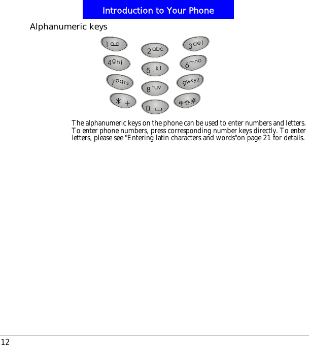 Introduction to Your Phone12Alphanumeric keysThe alphanumeric keys on the phone can be used to enter numbers and letters. To enter phone numbers, press corresponding number keys directly. To enter letters, please see "Entering latin characters and words"on page 21 for details.