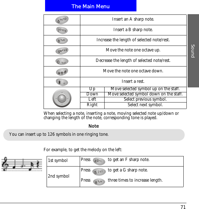 The Main MenuSound71When selecting a note, inserting a note, moving selected note up/down or changing the length of the note, corresponding tone is played.For example, to get the melody on the left:Insert an A sharp note.Insert a B sharp note.Increase the length of selected note/rest.Move the note one octave up.Decrease the length of selected note/rest.Move the note one octave down.Insert a rest.Up Move selected symbol up on the staff.Down Move selected symbol down on the staff.Left Select previous symbol.Right Select next symbol.You can insert up to 126 symbols in one ringing tone.Note1st symbol Press   to get an F sharp note.2nd symbol Press   to get a G sharp note.Press   three times to increase length.