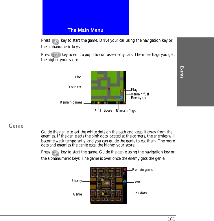 The Main MenuExtras101Press   key to start the game. Drive your car using the navigation key or the alphanumeric keys. Press key to emit a popo to confuse enemy cars. The more flags you get, the higher your score.Genie Guide the genie to eat the white dots on the path and keep it away from the enemies. If the genie eats the pink dots located at the corners, the enemies will become weak temporarily and you can guide the genie to eat them. The more dots and enemies the genie eats, the higher your score.Press   key to start the game. Guide the genie using the navigation key or the alphanumeric keys. The game is over once the enemy gets the genie.Remain fuelYour car FlagEnemy carRemain gamesScore Remain flagsFuelFlagRemain gameLevelGenieEnemyPink dots