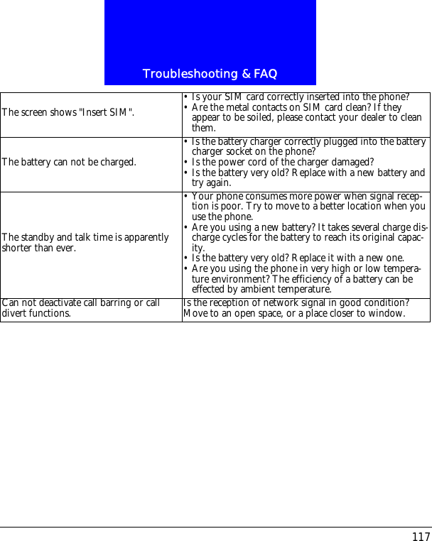 117Troubleshooting &amp; FAQThe screen shows "Insert SIM". &bull; Is your SIM card correctly inserted into the phone?&bull; Are the metal contacts on SIM card clean? If they appear to be soiled, please contact your dealer to clean them.The battery can not be charged.&bull; Is the battery charger correctly plugged into the battery charger socket on the phone?&bull; Is the power cord of the charger damaged?&bull; Is the battery very old? Replace with a new battery and try again.The standby and talk time is apparently shorter than ever.&bull; Your phone consumes more power when signal recep-tion is poor. Try to move to a better location when you use the phone.&bull; Are you using a new battery? It takes several charge dis-charge cycles for the battery to reach its original capac-ity. &bull; Is the battery very old? Replace it with a new one.&bull; Are you using the phone in very high or low tempera-ture environment? The efficiency of a battery can be effected by ambient temperature. Can not deactivate call barring or call divert functions. Is the reception of network signal in good condition? Move to an open space, or a place closer to window.