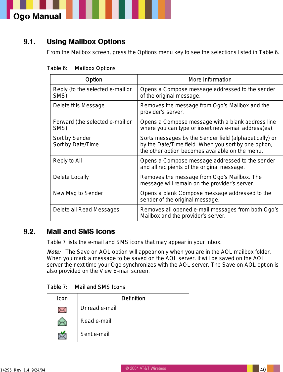  14295  Rev. 1.4  9/24/04   40   Ogo Manual 9.1.  Using Mailbox Options From the Mailbox screen, press the Options menu key to see the selections listed in Table 6. Table 6:  Mailbox Options Option More Information Reply (to the selected e-mail or SMS)  Opens a Compose message addressed to the sender of the original message. Delete this Message  Removes the message from Ogo&rsquo;s Mailbox and the provider&rsquo;s server. Forward (the selected e-mail or SMS)  Opens a Compose message with a blank address line where you can type or insert new e-mail address(es). Sort by Sender Sort by Date/Time  Sorts messages by the Sender field (alphabetically) or by the Date/Time field. When you sort by one option, the other option becomes available on the menu.  Reply to All  Opens a Compose message addressed to the sender and all recipients of the original message. Delete Locally  Removes the message from Ogo&rsquo;s Mailbox. The message will remain on the provider&rsquo;s server. New Msg to Sender  Opens a blank Compose message addressed to the sender of the original message. Delete all Read Messages  Removes all opened e-mail messages from both Ogo&rsquo;s Mailbox and the provider&rsquo;s server. 9.2.  Mail and SMS Icons Table 7 lists the e-mail and SMS icons that may appear in your Inbox. Note:   The Save on AOL option will appear only when you are in the AOL mailbox folder. When you mark a message to be saved on the AOL server, it will be saved on the AOL server the next time your Ogo synchronizes with the AOL server. The Save on AOL option is also provided on the View E-mail screen. Table 7:  Mail and SMS Icons Icon Definition  Unread e-mail  Read e-mail  Sent e-mail 