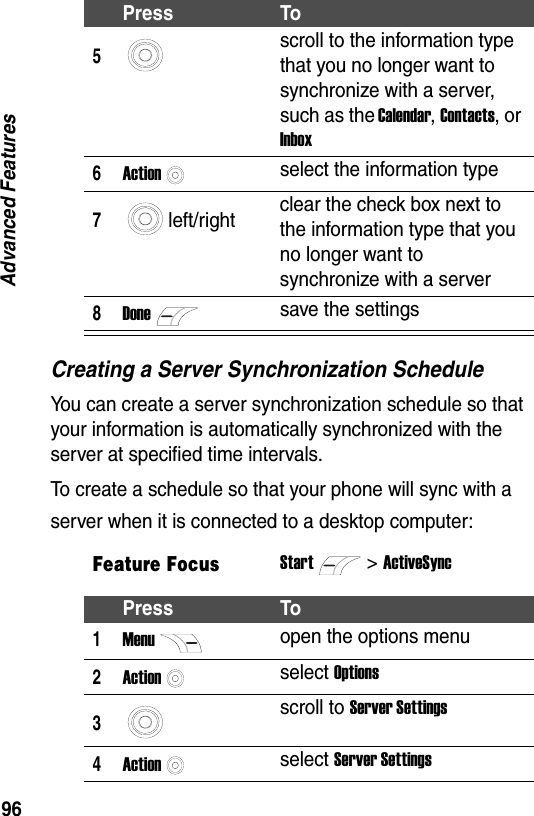 96Advanced FeaturesCreating a Server Synchronization ScheduleYou can create a server synchronization schedule so that your information is automatically synchronized with the server at specified time intervals.To create a schedule so that your phone will sync with a server when it is connected to a desktop computer:5scroll to the information type that you no longer want to synchronize with a server, such as the Calendar, Contacts, or Inbox6Actionselect the information type7left/right clear the check box next to the information type that you no longer want to synchronize with a server8Donesave the settingsFeature FocusStart>ActiveSyncPress To1Menuopen the options menu2Actionselect Options3scroll to Server Settings4Actionselect Server SettingsPress To