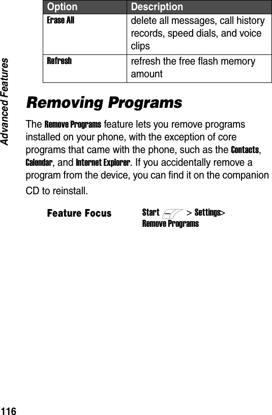 116Advanced FeaturesRemoving ProgramsThe Remove Programs feature lets you remove programs installed on your phone, with the exception of core programs that came with the phone, such as the Contacts, Calendar, and Internet Explorer. If you accidentally remove a program from the device, you can find it on the companion CD to reinstall.Erase Alldelete all messages, call history records, speed dials, and voice clipsRefreshrefresh the free flash memory amountFeature FocusStart>Settings >Remove ProgramsOption Description