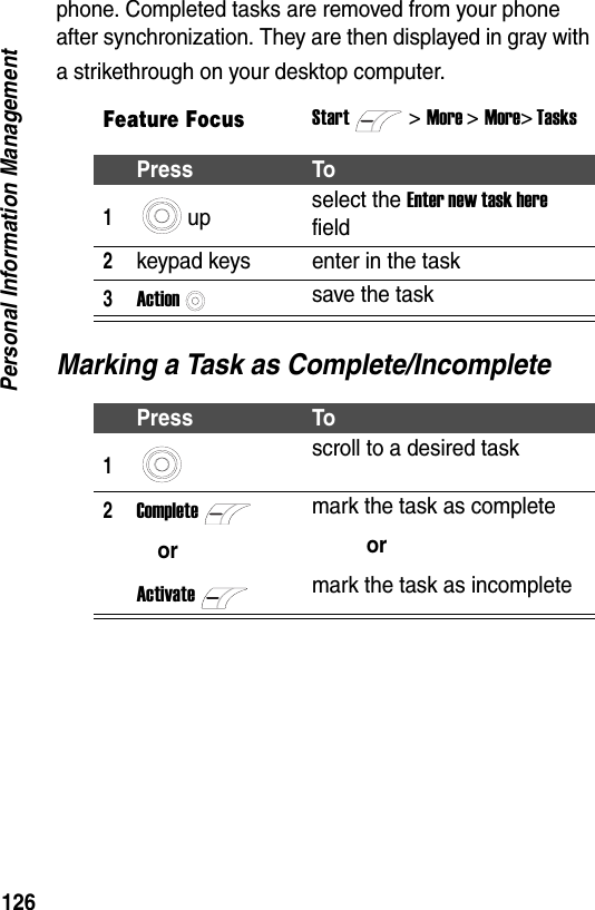 126Personal Information Managementphone. Completed tasks are removed from your phone after synchronization. They are then displayed in gray with a strikethrough on your desktop computer.Marking a Task as Complete/IncompleteFeature FocusStart>More >More> TasksPress To1up select the Enter new task here field2keypad keys enter in the task3Actionsave the taskPress To1scroll to a desired task2CompleteorActivatemark the task as completeormark the task as incomplete