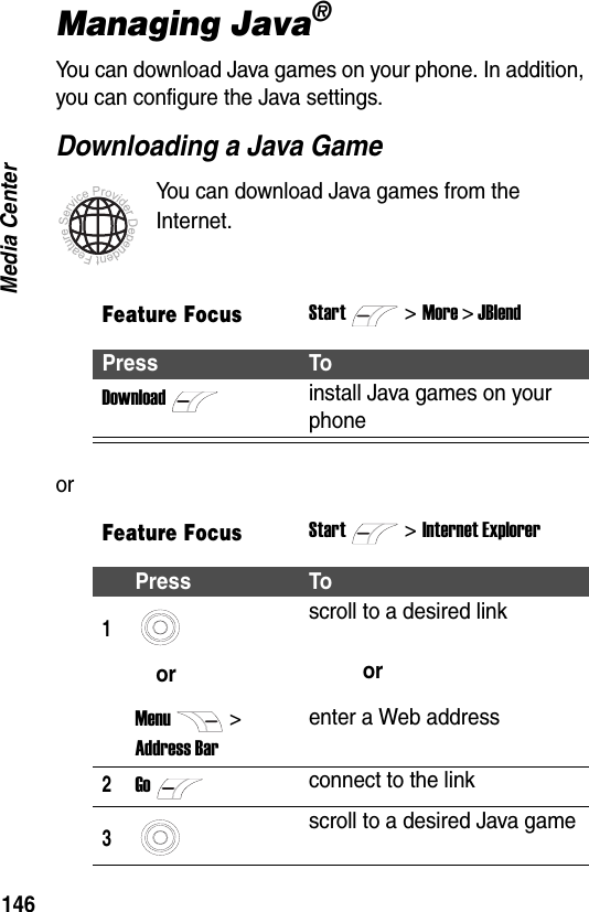 146Media CenterManaging Java&reg;You can download Java games on your phone. In addition, you can configure the Java settings.Downloading a Java GameYou can download Java games from the Internet.orFeature FocusStart>More > JBlendPress ToDownloadinstall Java games on your phoneFeature FocusStart>Internet ExplorerPress To1orMenu> Address Barscroll to a desired linkorenter a Web address2Goconnect to the link3scroll to a desired Java game