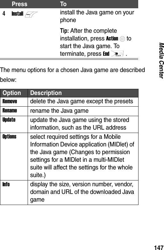 147Media CenterThe menu options for a chosen Java game are described below:4Installinstall the Java game on your phoneTip: After the complete installation, press Actionto start the Java game. To terminate, press End.Option DescriptionRemovedelete the Java game except the presetsRenamerename the Java gameUpdateupdate the Java game using the stored information, such as the URL addressOptionsselect required settings for a Mobile Information Device application (MIDlet) of the Java game (Changes to permission settings for a MIDlet in a multi-MIDlet suite will affect the settings for the whole suite.)Infodisplay the size, version number, vendor, domain and URL of the downloaded Java gamePress To
