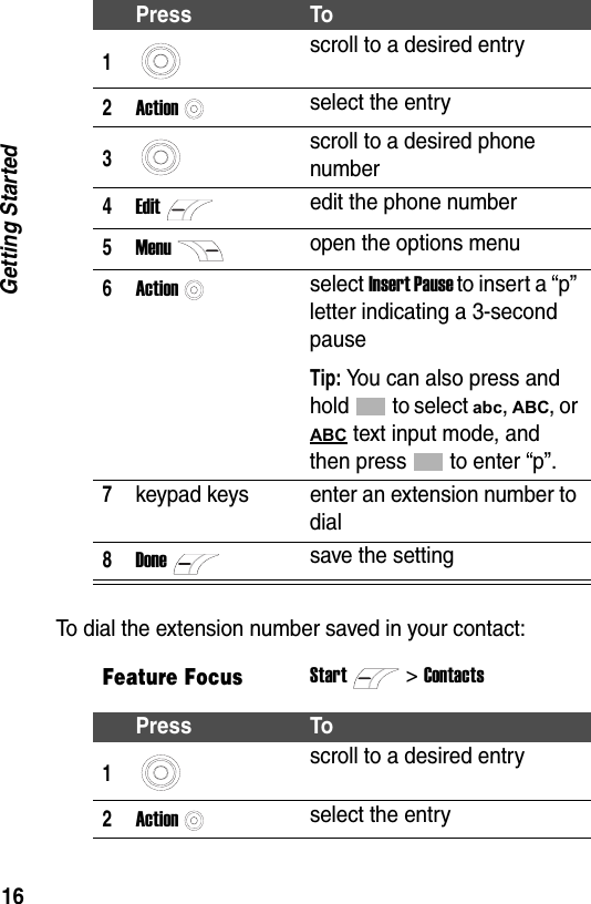 16Getting StartedTo dial the extension number saved in your contact:Press To1scroll to a desired entry2Actionselect the entry3scroll to a desired phone number4Editedit the phone number5Menuopen the options menu6Actionselect Insert Pause to insert a &ldquo;p&rdquo; letter indicating a 3-second pauseTip: You can also press and hold to select abc, ABC, or ABC text input mode, and then press to enter &ldquo;p&rdquo;.7keypad keys enter an extension number to dial8Donesave the settingFeature FocusStart>ContactsPress To1scroll to a desired entry2Actionselect the entry