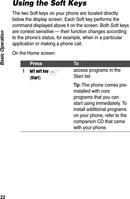 22Basic OperationUsing the Soft KeysThe two Soft keys on your phone are located directly below the display screen. Each Soft key performs the command displayed above it on the screen. Both Soft keys are context sensitive &mdash; their function changes according to the phone&rsquo;s status, for example, when in a particular application or making a phone call.On the Home screen:Press To1left soft key (Start)access programs in the Start listTip: The phone comes pre-installed with core programs that you can start using immediately. To install additional programs on your phone, refer to the companion CD that came with your phone.