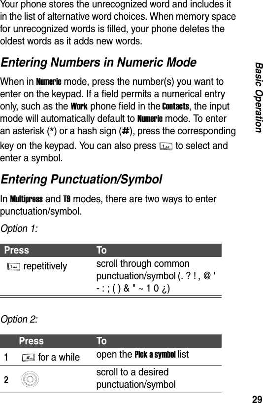 29Basic OperationYour phone stores the unrecognized word and includes it in the list of alternative word choices. When memory space for unrecognized words is filled, your phone deletes the oldest words as it adds new words.Entering Numbers in Numeric ModeWhen in Numeric mode, press the number(s) you want to enter on the keypad. If a field permits a numerical entry only, such as the Work phone field in the Contacts, the input mode will automatically default to Numeric mode. To enter an asterisk (*) or a hash sign (#), press the corresponding key on the keypad. You can also press to select and enter a symbol.Entering Punctuation/SymbolIn Multipress and T9 modes, there are two ways to enter punctuation/symbol.Option 1:Option 2:Press Torepetitively scroll through common punctuation/symbol (. ? ! , @ ' - : ; ( ) &amp; " ~ 1 0 &iquest;)Press To1for a while open the Pick a symbol list2scroll to a desired punctuation/symbol