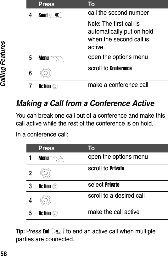 58Calling FeaturesMaking a Call from a Conference ActiveYou can break one call out of a conference and make this call active while the rest of the conference is on hold.In a conference call:Tip: Press Endto end an active call when multiple parties are connected.4Sendcall the second numberNote: The first call is automatically put on hold when the second call is active.5Menuopen the options menu6scroll to Conference7Actionmake a conference callPress To1Menuopen the options menu2scroll to Private3Actionselect Private4scroll to a desired call5Actionmake the call activePress To