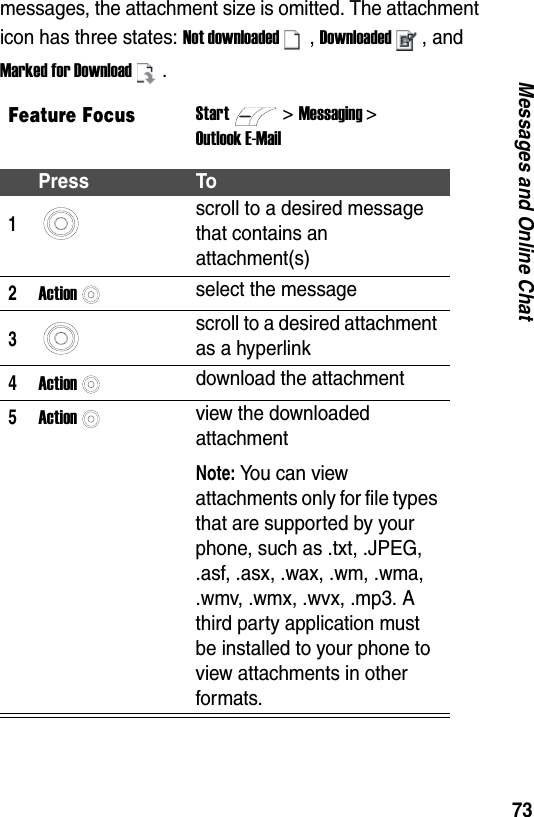 73Messages and Online Chatmessages, the attachment size is omitted. The attachment icon has three states: Not downloaded, Downloaded, and Marked for Download.Feature FocusStart>Messaging >Outlook E-MailPress To1scroll to a desired message that contains an attachment(s)2Actionselect the message3scroll to a desired attachment as a hyperlink4Actiondownload the attachment5Actionview the downloaded attachmentNote: You can view attachments only for file types that are supported by your phone, such as .txt, .JPEG, .asf, .asx, .wax, .wm, .wma, .wmv, .wmx, .wvx, .mp3. A third party application must be installed to your phone to view attachments in other formats.