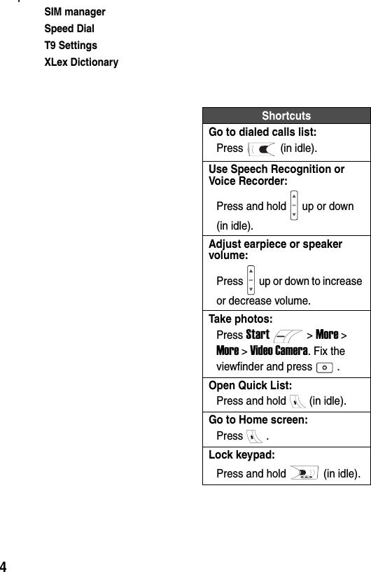 4#SIM managerSpeed DialT9 SettingsXLex DictionaryShortcutsGo to dialed calls list:Press (in idle).Use Speech Recognition or Voice Recorder:Press and hold up or down (in idle).Adjust earpiece or speaker volume:Press up or down to increase or decrease volume.Take photos:Press Start> More > More > Video Camera. Fix the viewfinder and press .Open Quick List:Press and hold (in idle).Go to Home screen:Press .Lock keypad:Press and hold (in idle).