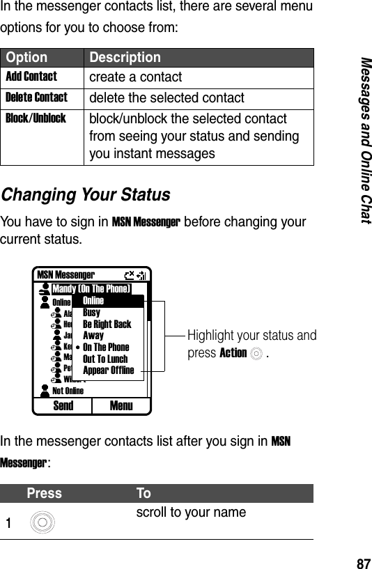 87Messages and Online ChatIn the messenger contacts list, there are several menu options for you to choose from:Changing Your StatusYou have to sign in MSN Messenger before changing your current status.In the messenger contacts list after you sign in MSN Messenger:Option DescriptionAdd Contactcreate a contactDelete Contactdelete the selected contactBlock/Unblockblock/unblock the selected contact from seeing your status and sending you instant messagesPress To1scroll to your nameMSN MessengerMandy (On The Phone)OnlineAlanHenryJaneKenMarvinPeterWilbertNot OnlineSend MenuHighlight your status and press Action.OnlineBusyBe Right BackAwayOn The PhoneOut To LunchAppear Offline