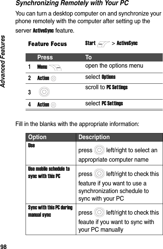 98Advanced FeaturesSynchronizing Remotely with Your PCYou can turn a desktop computer on and synchronize your phone remotely with the computer after setting up the server ActiveSync feature.Fill in the blanks with the appropriate information:Feature FocusStart>ActiveSyncPress To1Menuopen the options menu2Actionselect Options3scroll to PC Settings4Actionselect PC SettingsOption DescriptionUsepress left/right to select an appropriate computer nameUse mobile schedule to sync with this PCpress left/right to check this feature if you want to use a synchronization schedule to sync with your PCSync with this PC during manual syncpress left/right to check this feaute if you want to sync with your PC manually