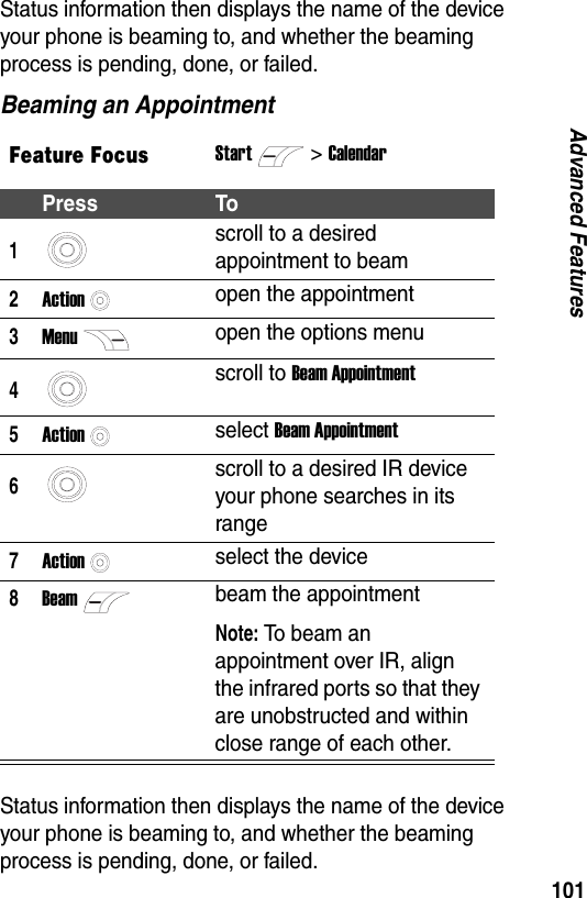 101Advanced FeaturesStatus information then displays the name of the device your phone is beaming to, and whether the beaming process is pending, done, or failed.Beaming an AppointmentStatus information then displays the name of the device your phone is beaming to, and whether the beaming process is pending, done, or failed.Feature FocusStart>CalendarPress To1scroll to a desired appointment to beam2Actionopen the appointment3Menuopen the options menu4scroll to Beam Appointment5Actionselect Beam Appointment6scroll to a desired IR device your phone searches in its range7Actionselect the device8Beambeam the appointmentNote: To beam an appointment over IR, align the infrared ports so that they are unobstructed and within close range of each other.