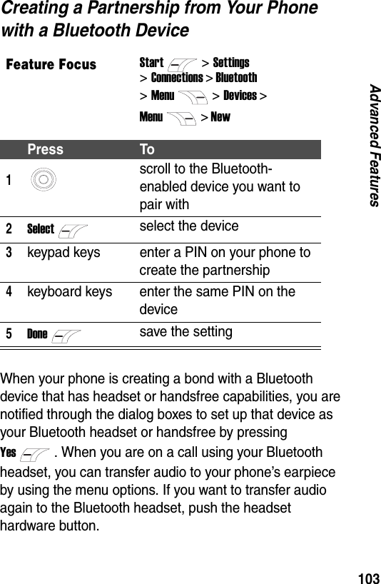 103Advanced FeaturesCreating a Partnership from Your Phone with a Bluetooth DeviceWhen your phone is creating a bond with a Bluetooth device that has headset or handsfree capabilities, you are notified through the dialog boxes to set up that device as your Bluetooth headset or handsfree by pressing Yes. When you are on a call using your Bluetooth headset, you can transfer audio to your phone&rsquo;s earpiece by using the menu options. If you want to transfer audio again to the Bluetooth headset, push the headset hardware button.Feature FocusStart>Settings >Connections > Bluetooth>Menu>Devices >Menu> NewPress To1scroll to the Bluetooth-enabled device you want to pair with2Selectselect the device3keypad keys enter a PIN on your phone to create the partnership4keyboard keys enter the same PIN on the device5Donesave the setting