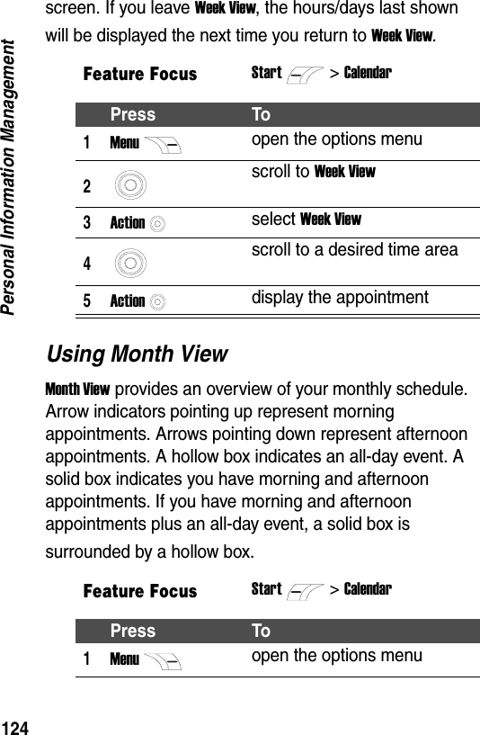 124Personal Information Managementscreen. If you leave Week View, the hours/days last shown will be displayed the next time you return to Week View.Using Month ViewMonth View provides an overview of your monthly schedule. Arrow indicators pointing up represent morning appointments. Arrows pointing down represent afternoon appointments. A hollow box indicates an all-day event. A solid box indicates you have morning and afternoon appointments. If you have morning and afternoon appointments plus an all-day event, a solid box is surrounded by a hollow box.Feature FocusStart>CalendarPress To1Menuopen the options menu2scroll to Week View3Actionselect Week View4scroll to a desired time area5Actiondisplay the appointmentFeature FocusStart>CalendarPress To1Menuopen the options menu