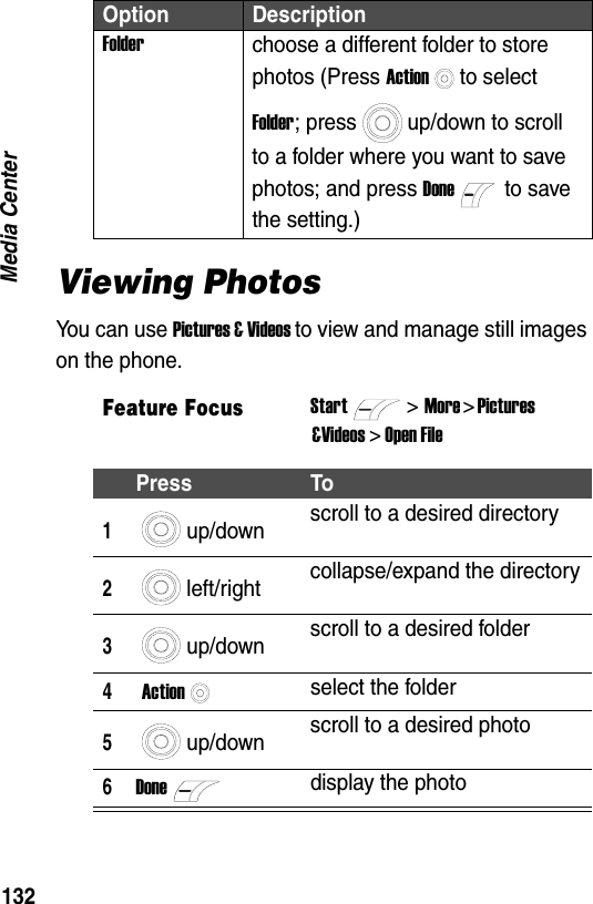 132Media CenterViewing PhotosYou can use Pictures &amp; Videos to view and manage still images on the phone.Folderchoose a different folder to store photos (Press Actionto select Folder; press up/down to scroll to a folder where you want to save photos; and press Doneto save the setting.)Feature FocusStart>More > Pictures &amp;Videos > Open FilePress To1up/down scroll to a desired directory2left/right collapse/expand the directory3up/down scroll to a desired folder4 Actionselect the folder5up/down scroll to a desired photo6Donedisplay the photoOption Description