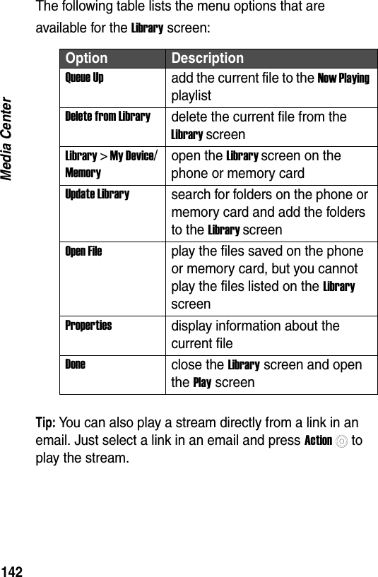 142Media CenterThe following table lists the menu options that are available for the Library screen:Tip: You can also play a stream directly from a link in an email. Just select a link in an email and press Actionto play the stream.Option DescriptionQueue Upadd the current file to the Now Playing playlistDelete from Librarydelete the current file from the Library screenLibrary > My Device/Memoryopen the Library screen on the phone or memory cardUpdate Librarysearch for folders on the phone or memory card and add the folders to the Library screenOpen Fileplay the files saved on the phone or memory card, but you cannot play the files listed on the Library screenPropertiesdisplay information about the current fileDoneclose the Library screen and open the Play screen