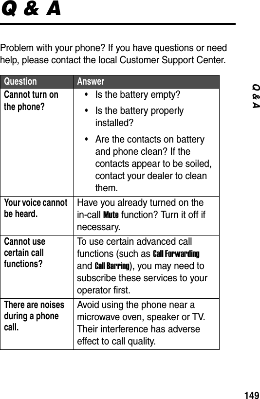 149Q &amp; AQ &amp; AProblem with your phone? If you have questions or need help, please contact the local Customer Support Center.Question AnswerCannot turn on the phone?&bull;Is the battery empty?&bull;Is the battery properly installed?&bull;Are the contacts on battery and phone clean? If the contacts appear to be soiled, contact your dealer to clean them.Your voice cannot be heard.Have you already turned on the in-call Mute function? Turn it off if necessary.Cannot use certain call functions?To use certain advanced call functions (such as Call Forwarding and Call Barring), you may need to subscribe these services to your operator first.There are noises during a phone call.Avoid using the phone near a microwave oven, speaker or TV. Their interference has adverse effect to call quality.