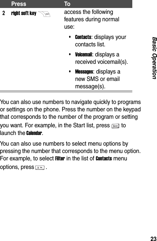 23Basic OperationYou can also use numbers to navigate quickly to programs or settings on the phone. Press the number on the keypad that corresponds to the number of the program or setting you want. For example, in the Start list, press to launch the Calendar.You can also use numbers to select menu options by pressing the number that corresponds to the menu option. For example, to select Filter in the list of Contacts menu options, press .2right soft keyaccess the following features during normal use:&bull;Contacts: displays your contacts list.&bull;Voicemail: displays a received voicemail(s).&bull;Messages: displays a new SMS or email message(s).Press To