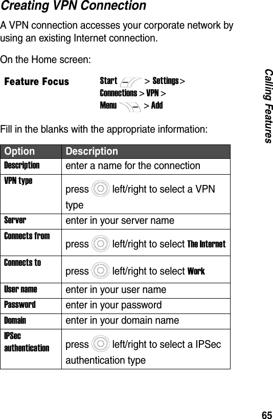 65Calling FeaturesCreating VPN ConnectionA VPN connection accesses your corporate network by using an existing Internet connection.On the Home screen:Fill in the blanks with the appropriate information:Feature FocusStart>Settings > Connections > VPN >Menu> AddOption DescriptionDescriptionenter a name for the connectionVPN typepress left/right to select a VPN typeServerenter in your server nameConnects frompress left/right to select The InternetConnects topress left/right to select WorkUser nameenter in your user namePasswordenter in your passwordDomainenter in your domain nameIPSec authenticationpress left/right to select a IPSec authentication type
