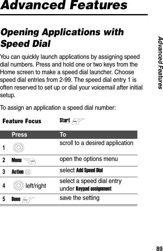 89Advanced FeaturesAdvanced FeaturesOpening Applications with Speed DialYou can quickly launch applications by assigning speed dial numbers. Press and hold one or two keys from the Home screen to make a speed dial launcher. Choose speed dial entries from 2-99. The speed dial entry 1 is often reserved to set up or dial your voicemail after initial setup.To assign an application a speed dial number:Feature FocusStartPress To1scroll to a desired application2Menuopen the options menu3Actionselect Add Speed Dial4left/right select a speed dial entry under Keypad assignment5Donesave the setting