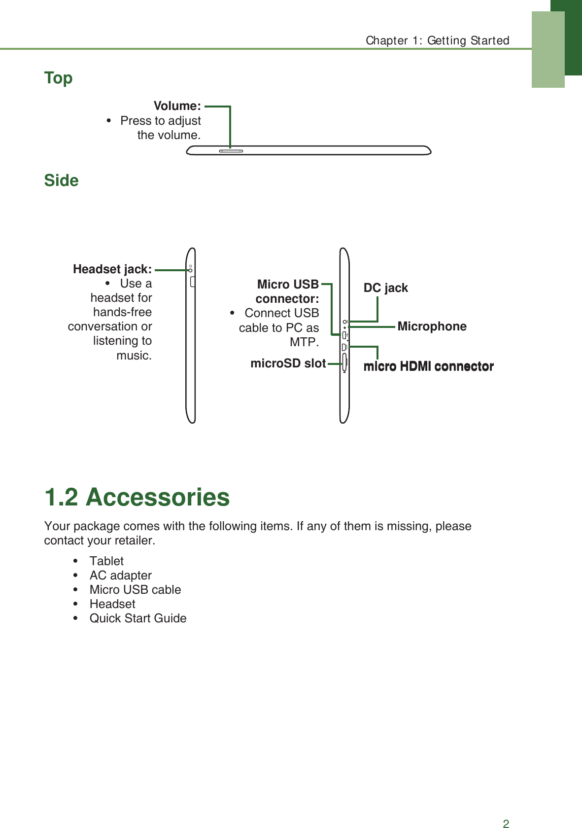 Chapter 1: Getting Started2TopSide1.2 AccessoriesYour package comes with the following items. If any of them is missing, please contact your retailer.&bull; Tablet&bull; AC adapter&bull; Micro USB cable&bull; Headset&bull; Quick Start GuideVolume:&bull;   Press to adjustthe volume.MicrophoneMicro USBconnector:&bull;   Connect USBcable to PC asMTP.micro HDMI connectormicroSD slotHeadset jack:&bull;   Use aheadset forhands-freeconversation orlistening tomusic. micro HDMI connectorDC jack