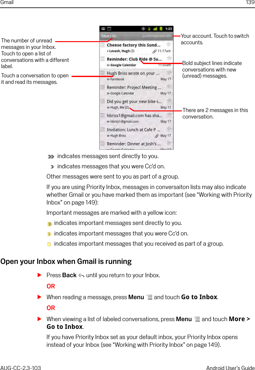 Gmail 139AUG-CC-2.3-103 Android User’s Guide indicates messages sent directly to you.  indicates messages that you were Cc’d on. Other messages were sent to you as part of a group.If you are using Priority Inbox, messages in conversaiton lists may also indicate whether Gmail or you have marked them as important (see “Working with Priority Inbox” on page 149):Important messages are marked with a yellow icon: indicates important messages sent directly to you.  indicates important messages that you were Cc’d on.  indicates important messages that you received as part of a group. Open your Inbox when Gmail is runningSPress Back  until you return to your Inbox.ORSWhen reading a message, press Menu  and touch Go to Inbox.ORSWhen viewing a list of labeled conversations, press Menu  and touch More &gt; Go to Inbox.If you have Priority Inbox set as your default inbox, your Priority Inbox opens instead of your Inbox (see “Working with Priority Inbox” on page 149).Touch a conversation to open it and read its messages.The number of unread messages in your Inbox. Touch to open a list of conversations with a different label. Bold subject lines indicate conversations with new (unread) messages.There are 2 messages in this conversation.Your account. Touch to switch accounts.