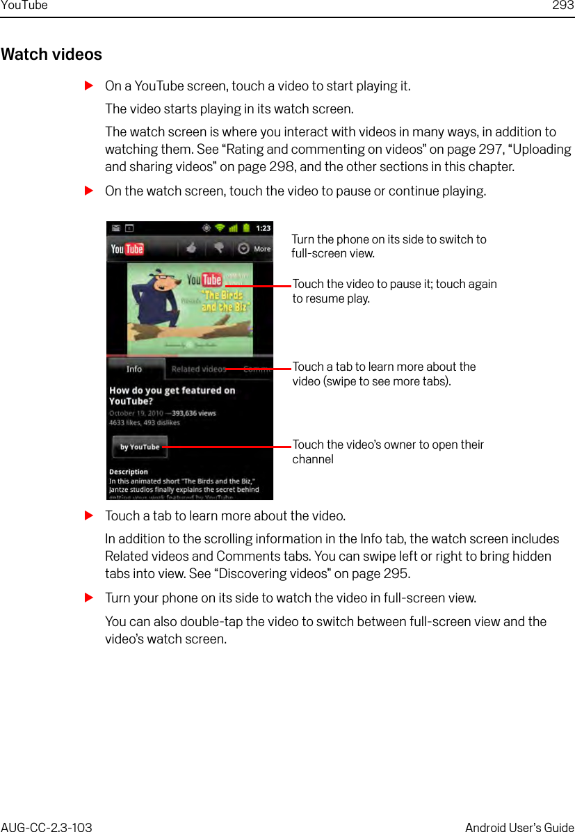 YouTube 293AUG-CC-2.3-103 Android User’s GuideWatch videosSOn a YouTube screen, touch a video to start playing it.The video starts playing in its watch screen.The watch screen is where you interact with videos in many ways, in addition to watching them. See “Rating and commenting on videos” on page 297, “Uploading and sharing videos” on page 298, and the other sections in this chapter.SOn the watch screen, touch the video to pause or continue playing.STouch a tab to learn more about the video.In addition to the scrolling information in the Info tab, the watch screen includes Related videos and Comments tabs. You can swipe left or right to bring hidden tabs into view. See “Discovering videos” on page 295.STurn your phone on its side to watch the video in full-screen view.You can also double-tap the video to switch between full-screen view and the video’s watch screen.Touch the video to pause it; touch again to resume play.Turn the phone on its side to switch to full-screen view.Touch a tab to learn more about the video (swipe to see more tabs).Touch the video’s owner to open their channel