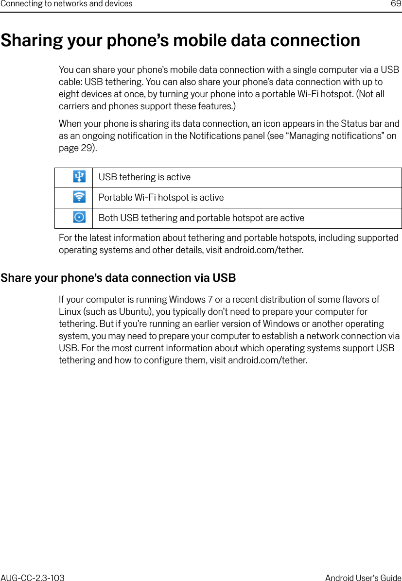 Connecting to networks and devices 69AUG-CC-2.3-103 Android User’s GuideSharing your phone’s mobile data connectionYou can share your phone’s mobile data connection with a single computer via a USB cable: USB tethering. You can also share your phone’s data connection with up to eight devices at once, by turning your phone into a portable Wi-Fi hotspot. (Not all carriers and phones support these features.)When your phone is sharing its data connection, an icon appears in the Status bar and as an ongoing notification in the Notifications panel (see “Managing notifications” on page 29).For the latest information about tethering and portable hotspots, including supported operating systems and other details, visit android.com/tether.Share your phone’s data connection via USBIf your computer is running Windows 7 or a recent distribution of some flavors of Linux (such as Ubuntu), you typically don’t need to prepare your computer for tethering. But if you’re running an earlier version of Windows or another operating system, you may need to prepare your computer to establish a network connection via USB. For the most current information about which operating systems support USB tethering and how to configure them, visit android.com/tether.USB tethering is activePortable Wi-Fi hotspot is activeBoth USB tethering and portable hotspot are active